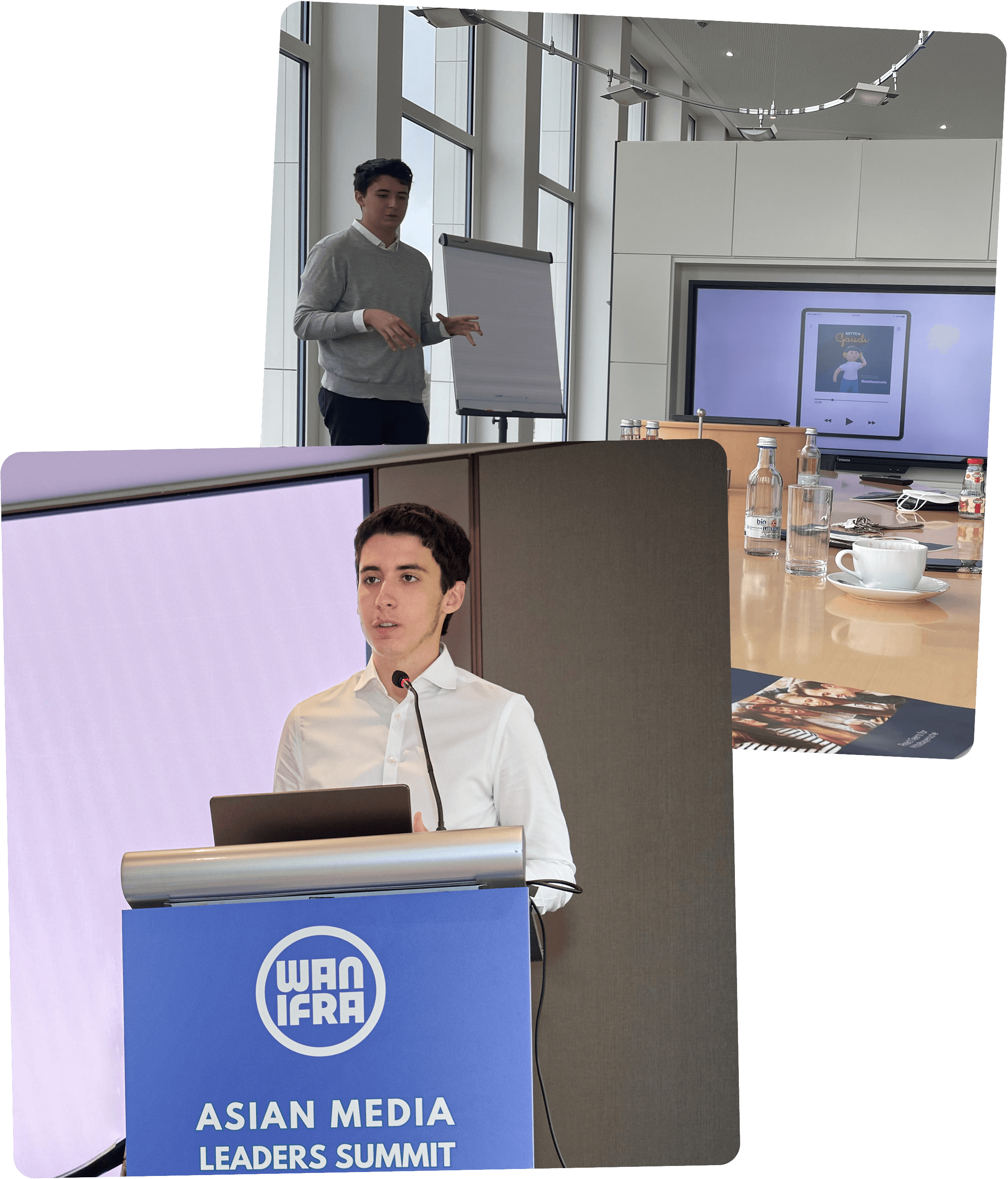 A diverse team collaborates around a table, analyzing documents and charts in a professional setting with a light green background.