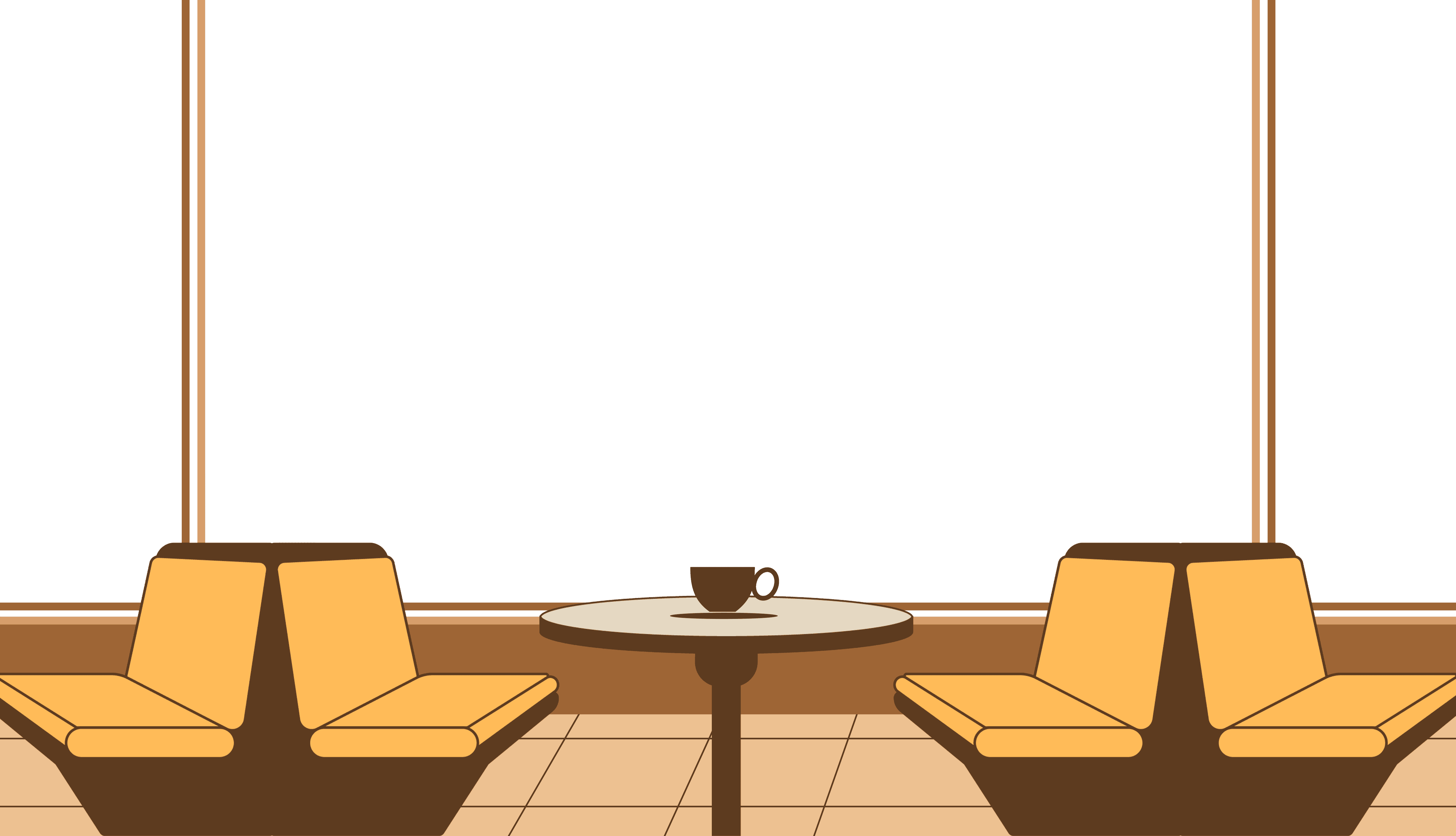 Two orange chairs with a coffee cup on a table.