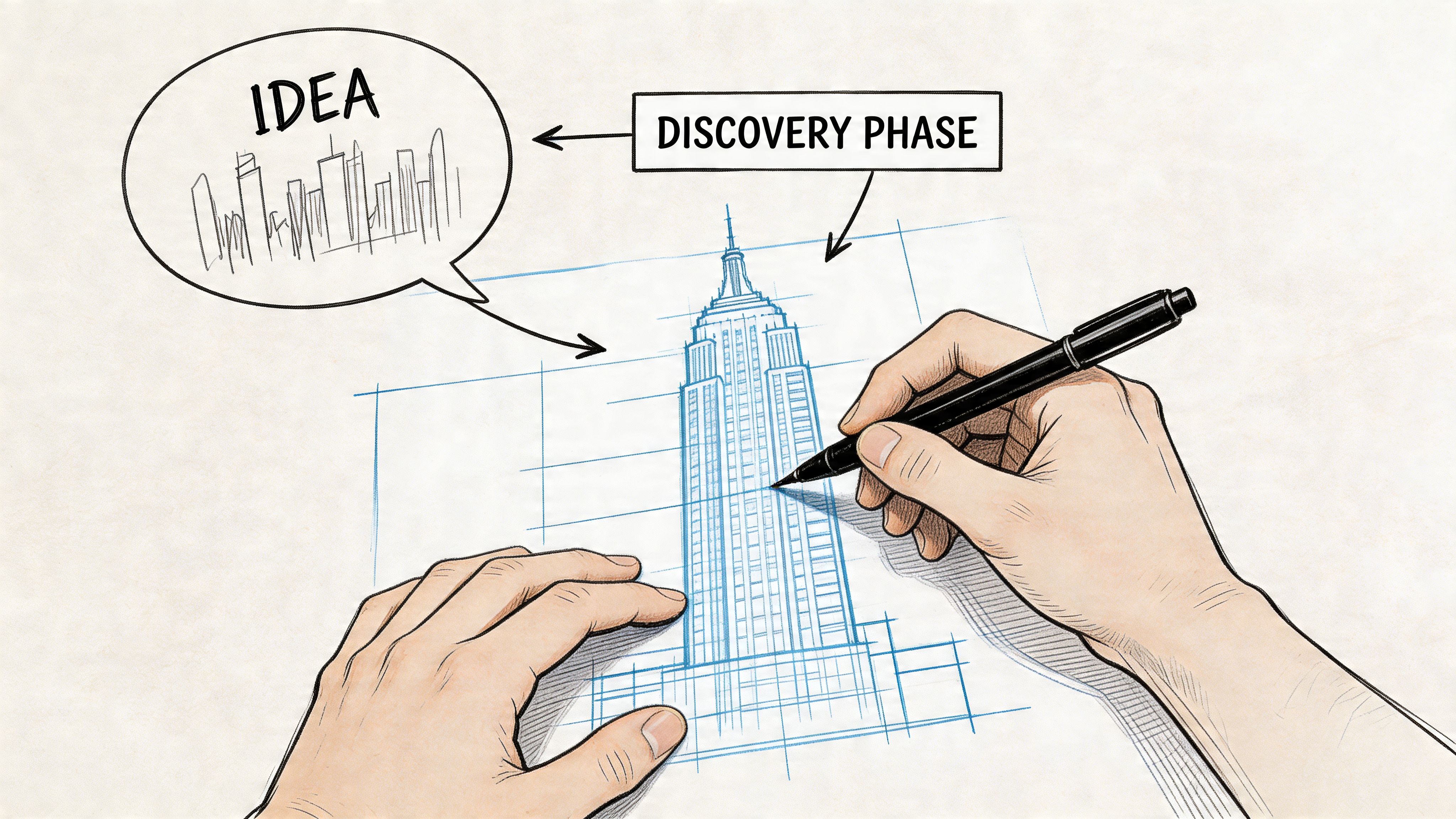 A hand drawing a detailed architectural sketch of a tall skyscraper on blue grid paper.