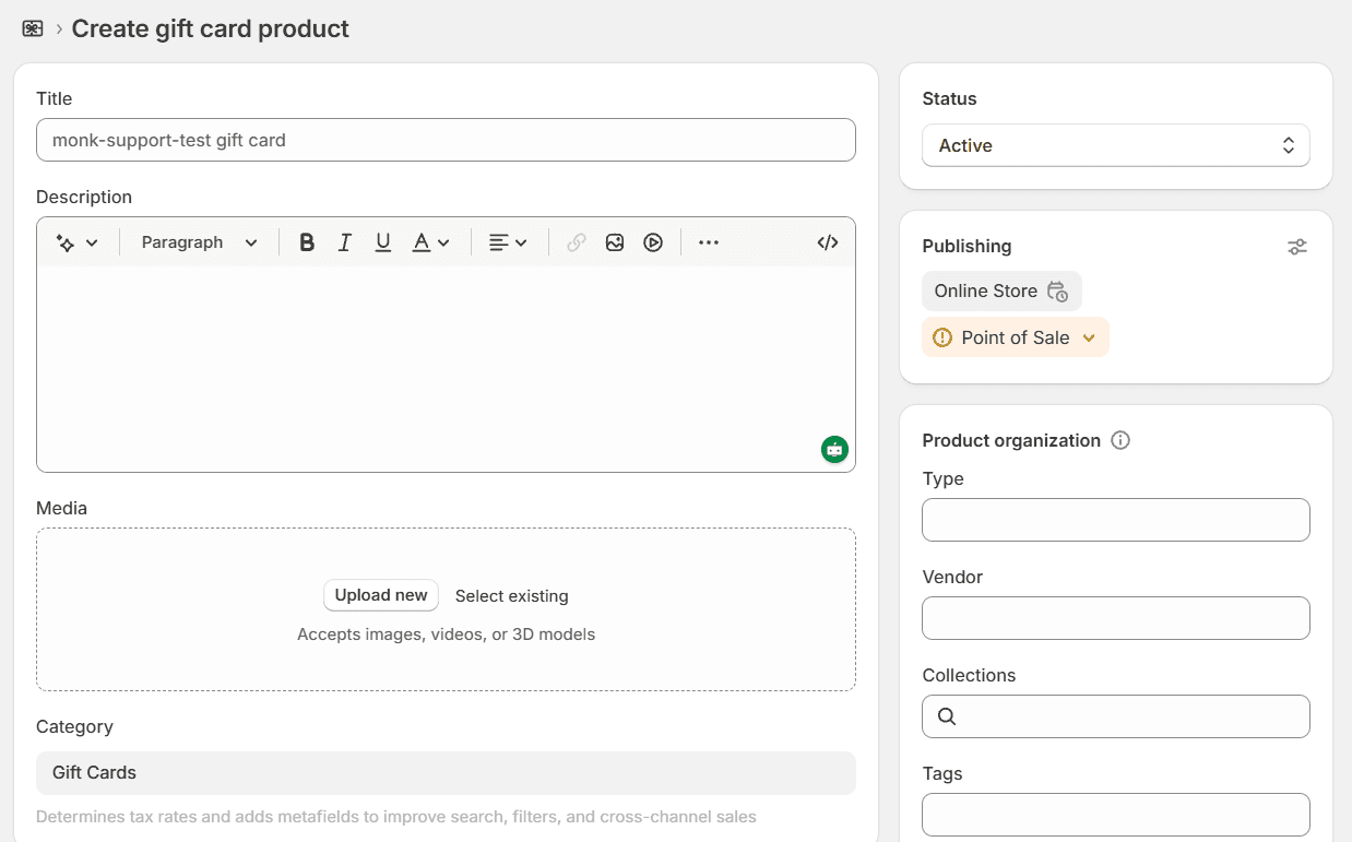 Creating a gift card product and filling required fields liks, gift card values, title, description and image