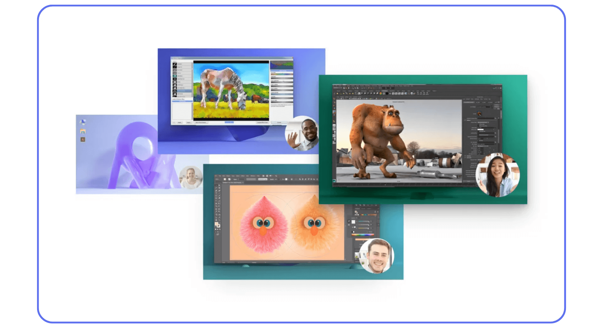 Creative software screens showing 3D modeling, illustration, and animation projects with team video call thumbnails.