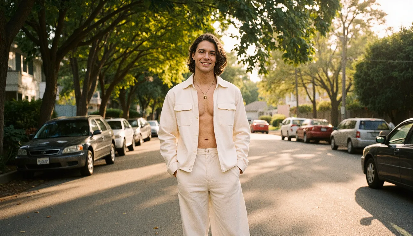 Person in all-white outfit standing on tree-lined street during golden hour, wearing open shirt jacket and matching trousers