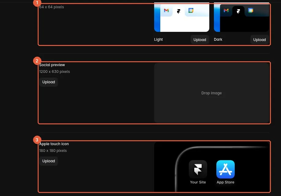 Site images: 1 Favicon (64 × 64), 2 Social preview (1200 × 630), 3 Apple touch icon (180 × 180).