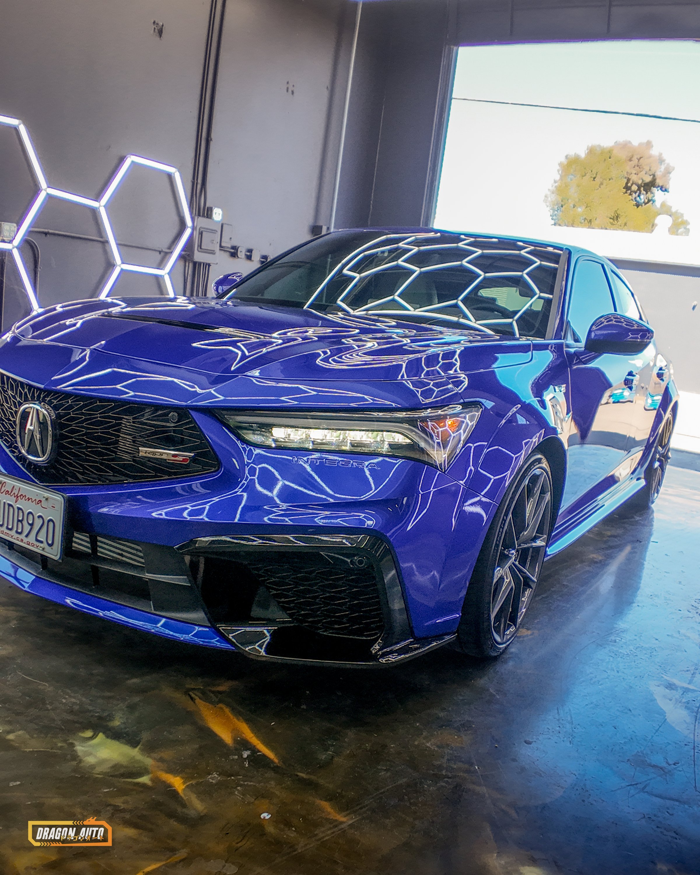 Apex Blue Pearl Acura Integra Type S with Icon Rocklear paint protection, front 3/4, low (near-dupe of 0393), Dragon Auto Milpitas