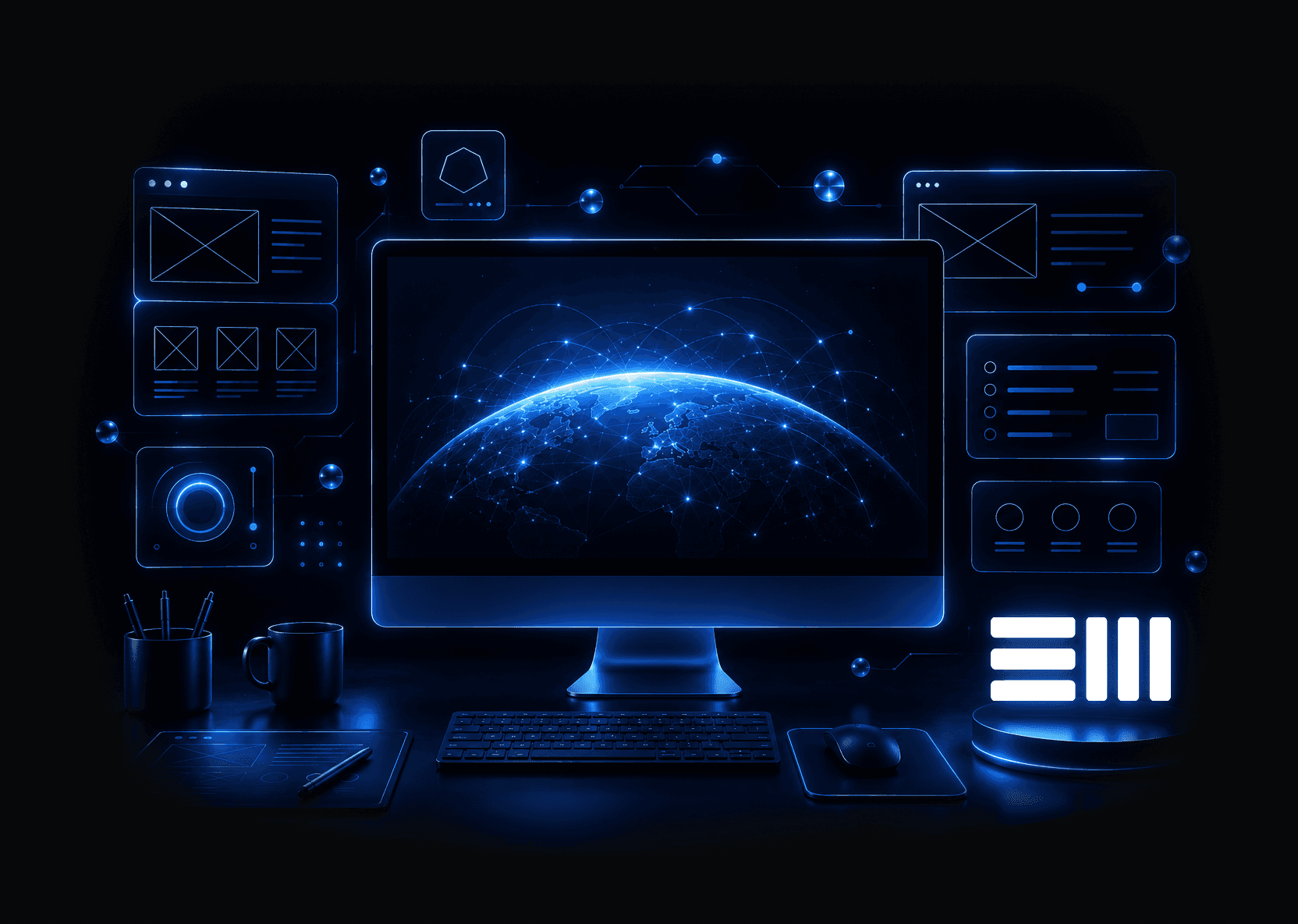 Digital illustration of planet Earth with global network connections and international communication technology.