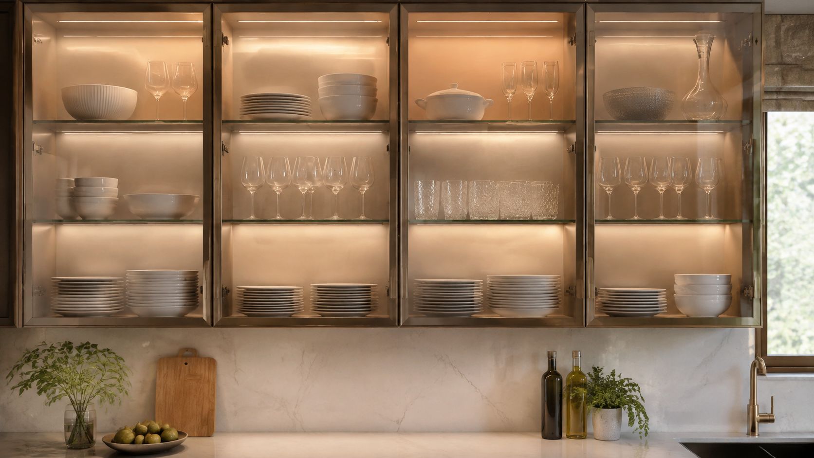 A modern kitchen interior featuring glass-front cabinets filled with organized white ceramic plates, bowls, and glassware.