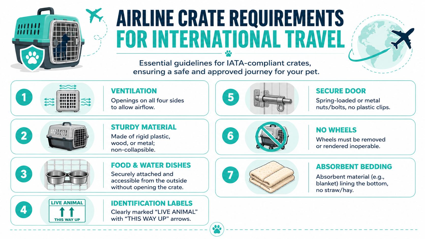An infographic detailing seven essential IATA safety requirements for international airline travel pet transport crates.