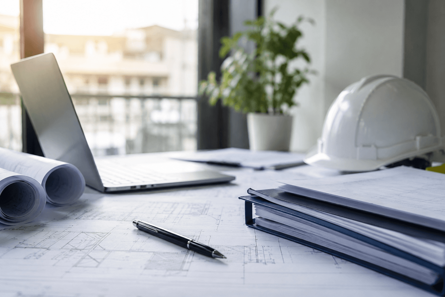 Un bureau bien rangé sur lequel sont posés un ordinateur portable et un casque de chantier