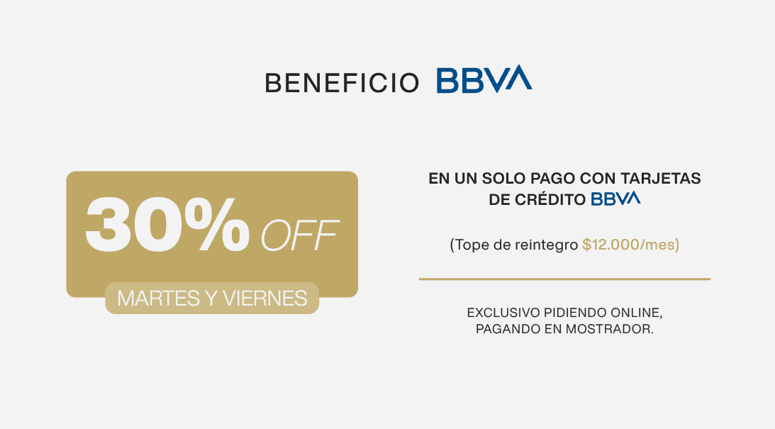 Beneficio BBVA 30% Off Martes y Viernes, en un solo pago con tarjetas de crédito BBVA