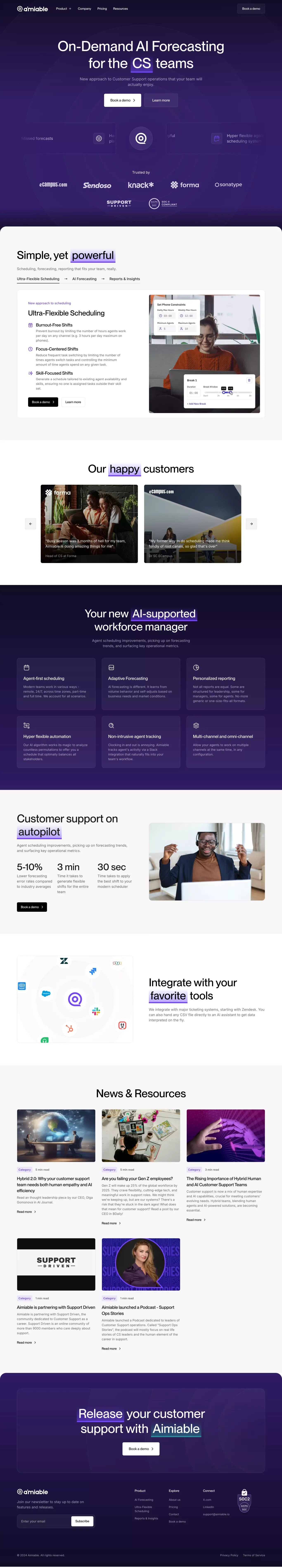 Aimiable landing page screenshot showcasing AI and Tech design