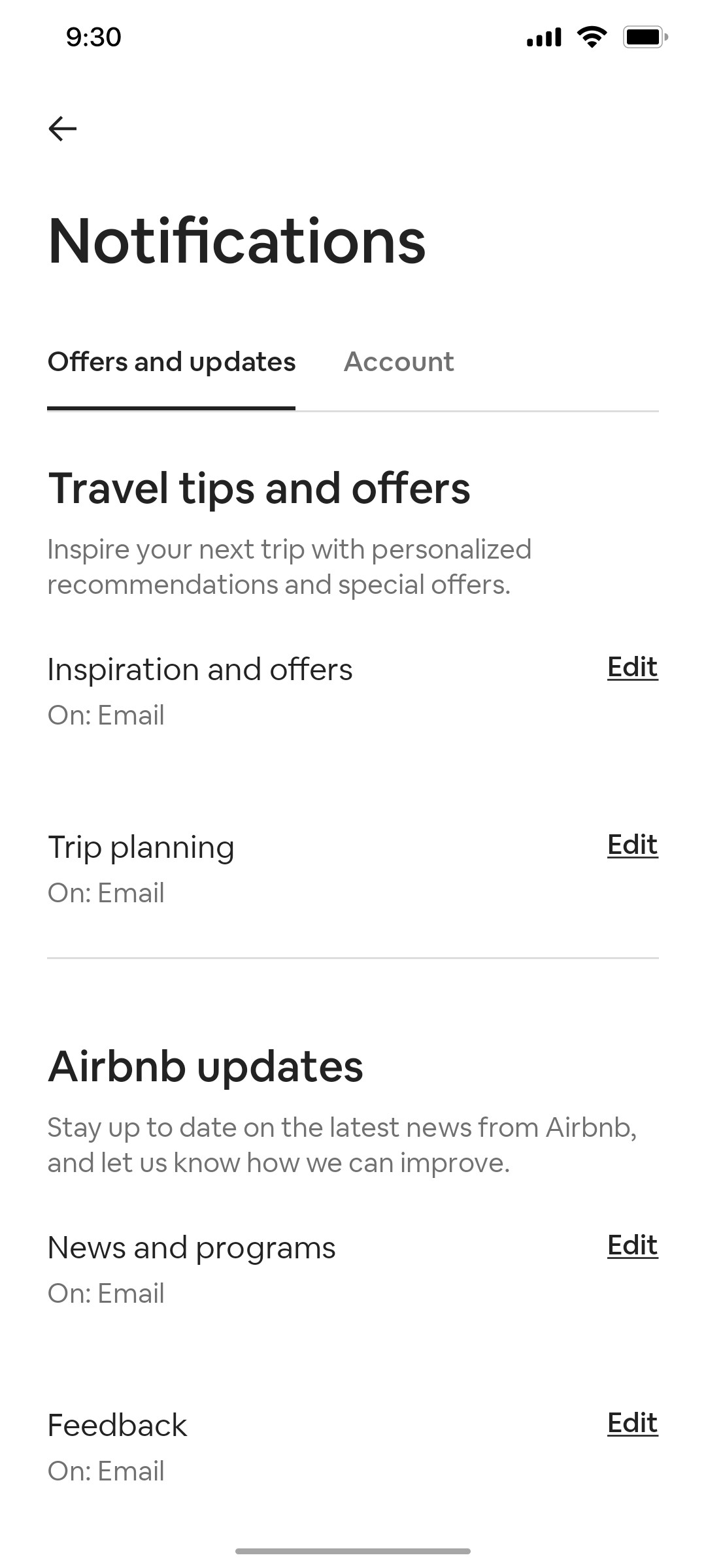 Airbnb Edit Notifications screen