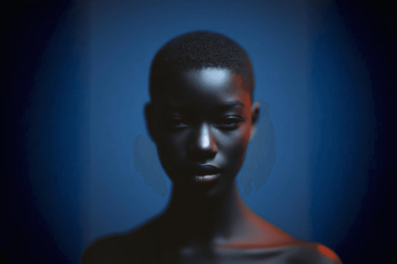Dramatic Portrait of a black woman with blue gradient bg