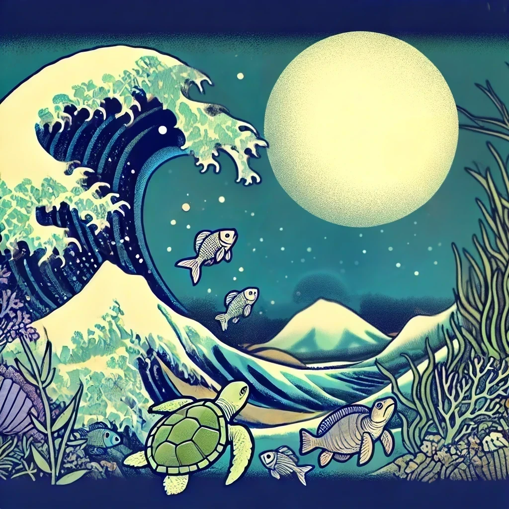 The wave races across the ocean under the moonlight with underwater creatures.