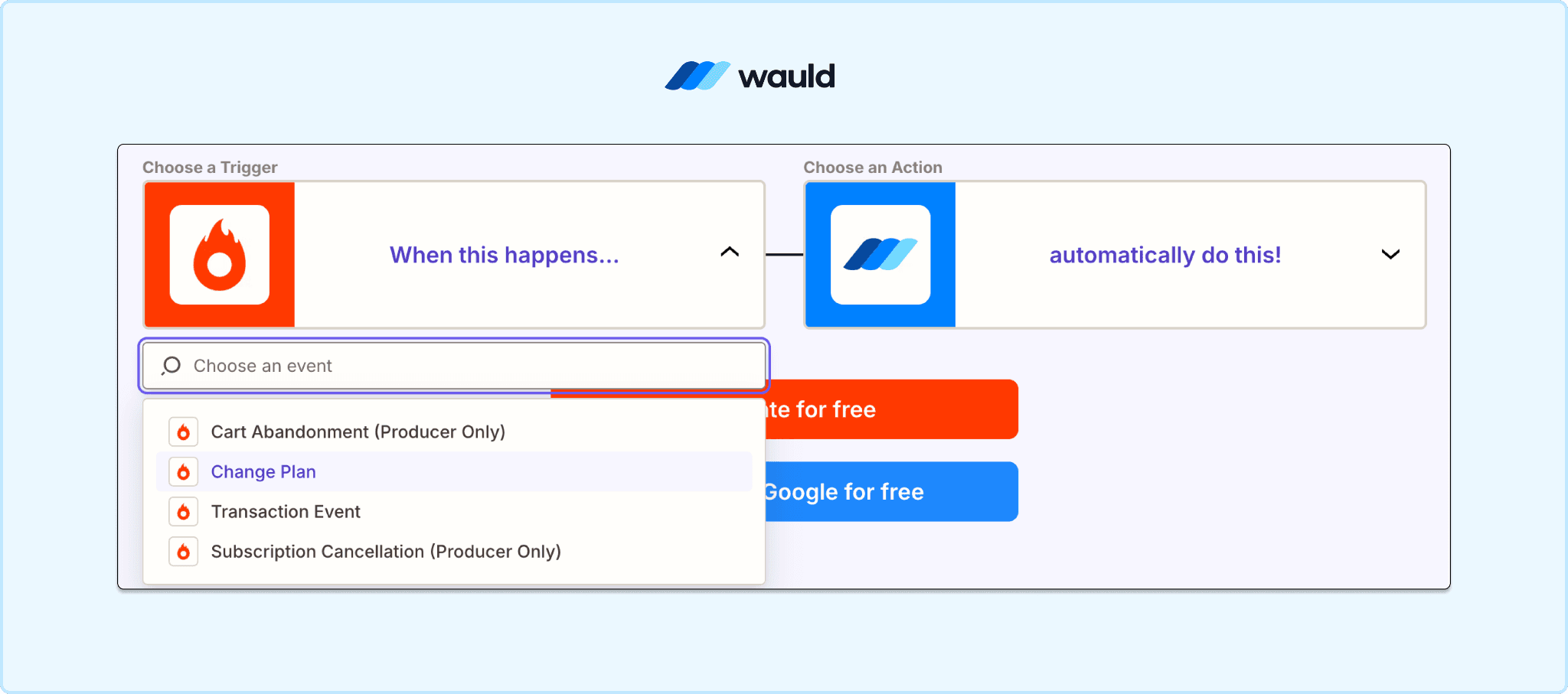 Screenshot-style illustration of a no-code automation workflow connecting Hotmart and Wauld. The interface shows Hotmart selected as the trigger app with event options such as Transaction Event, Change Plan, and Subscription Cancellation, while Wauld is selected as the action app to automatically issue digital certificates and badges. The visual demonstrates automated credential issuance based on Hotmart events.
