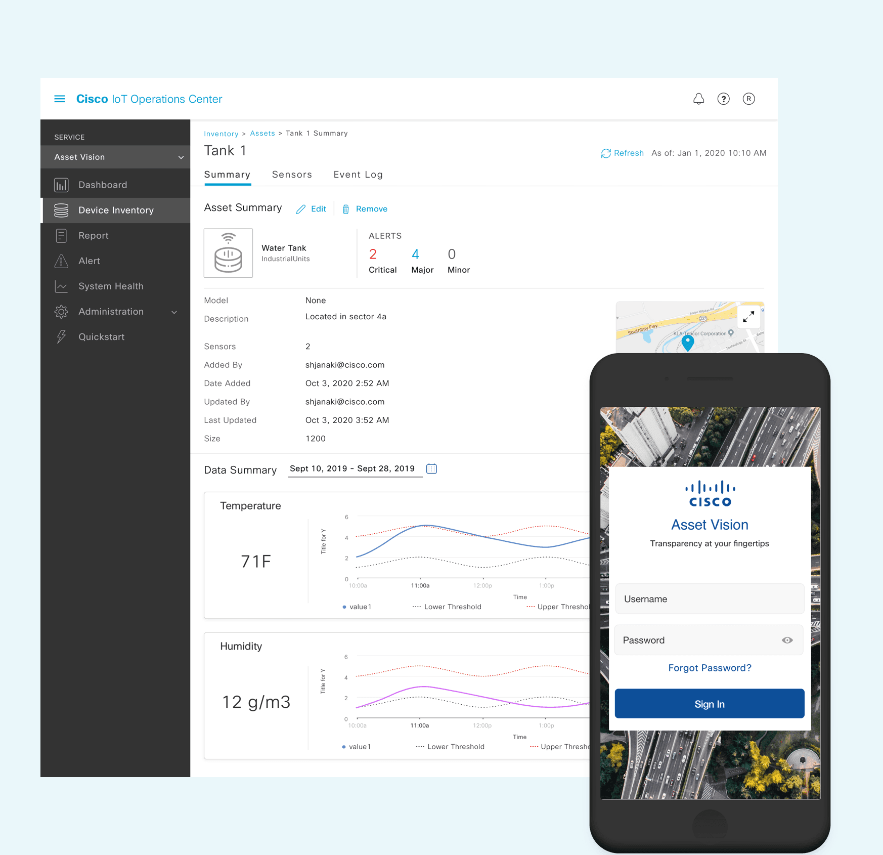 Cisco Asset Vision dashboard and mobile sign-in