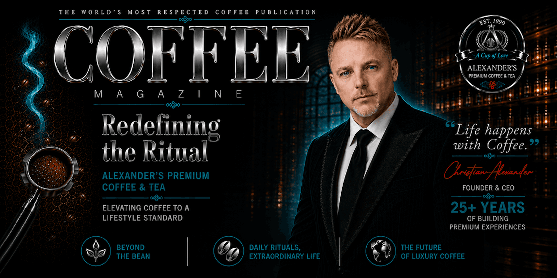Magazine cover featuring Alexander's Premium Coffee & Tea founder promoting premium coffee as a lifestyle experience.