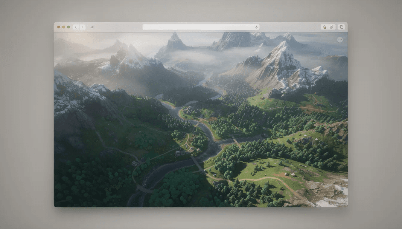 The image depicts a vibrant 3D game world viewed from above, showcasing lush forests and towering mountains within a browser window, inviting users to explore and interact with the engaging environment. This colorful landscape highlights the creativity involved in game development and serves as inspiration for those looking to create their own vibe code games.