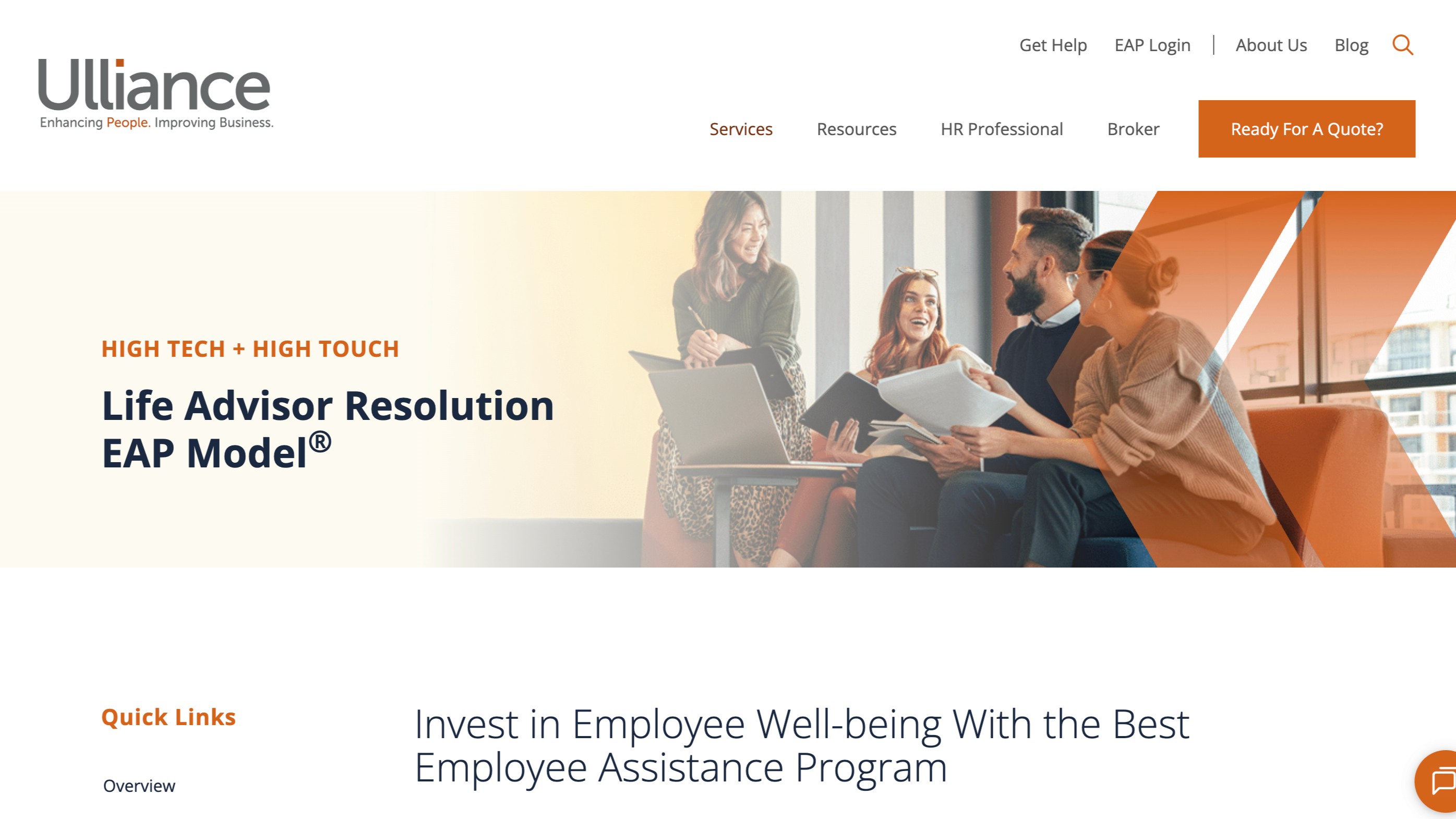 A website popup overlay from Ulliance titled "Get Your Ultimate EAP Guide!" On the left is a graphic of a handbook; on the right is a lead generation form asking for email, company name, job title, and services of interest.