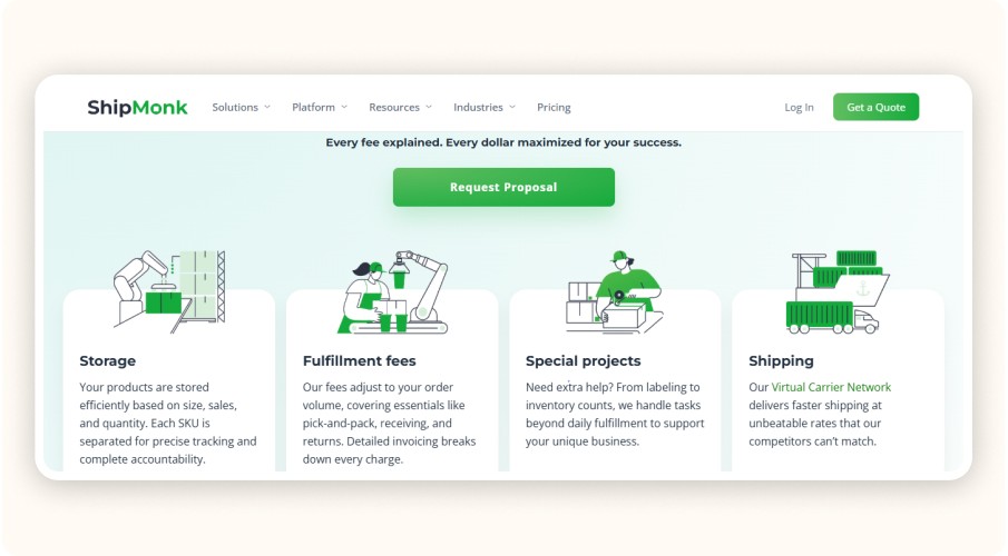 ShipMonk pricing page showing storage, fulfillment fees, projects, and shipping services
