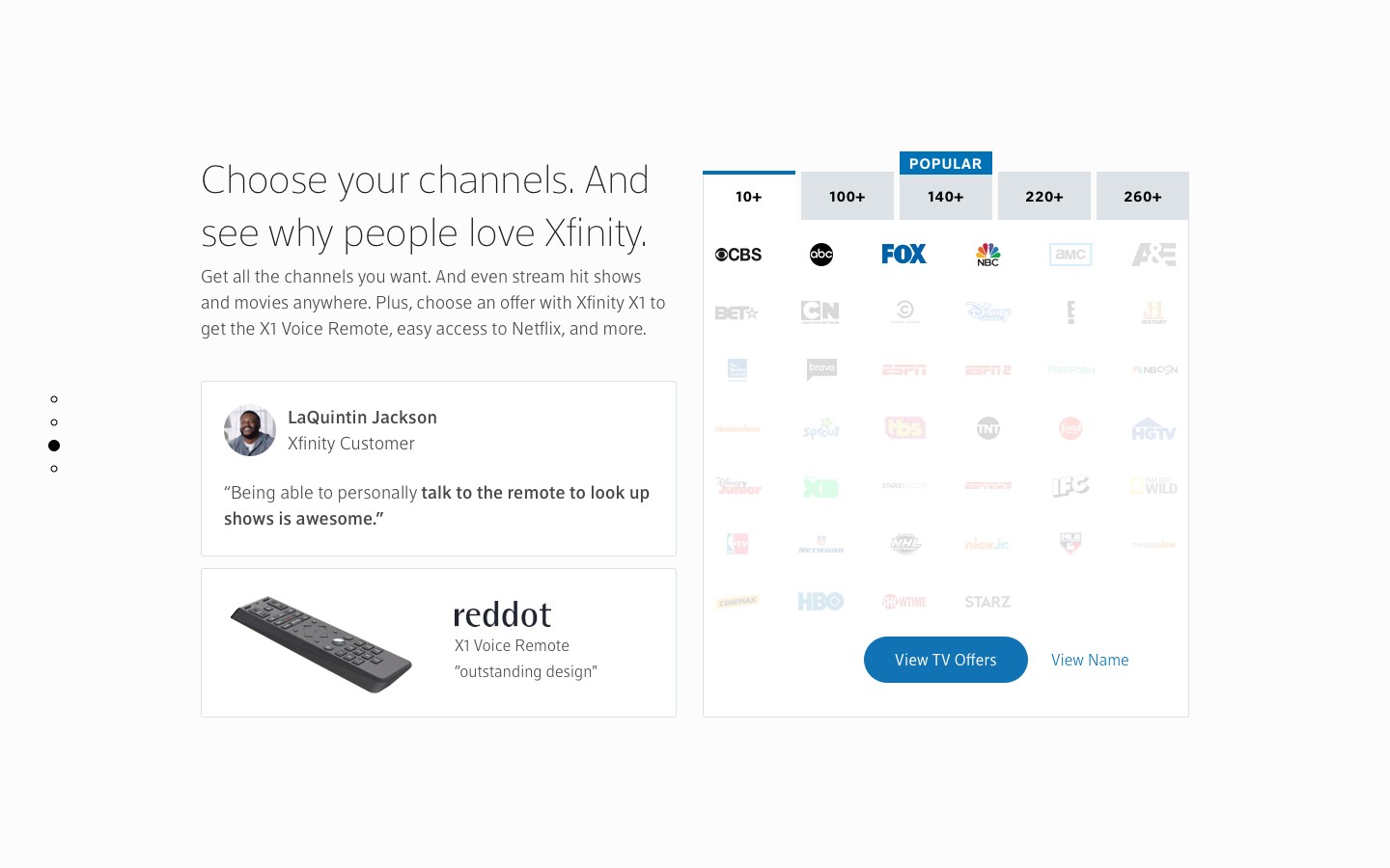 TV learn content, which includes customer testimonials, awards, and an interactive module for learning what channels you get with different packages.