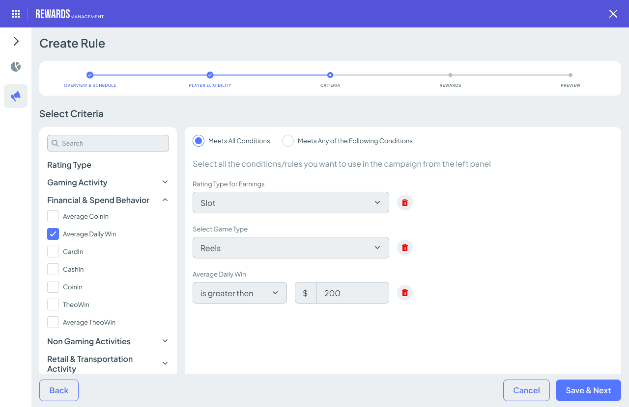 Rule creation flow screen with a guided wizard showing three steps: Select Trigger, Define Conditions, Attach Reward. An inline warning banner highlights a detected logic conflict.