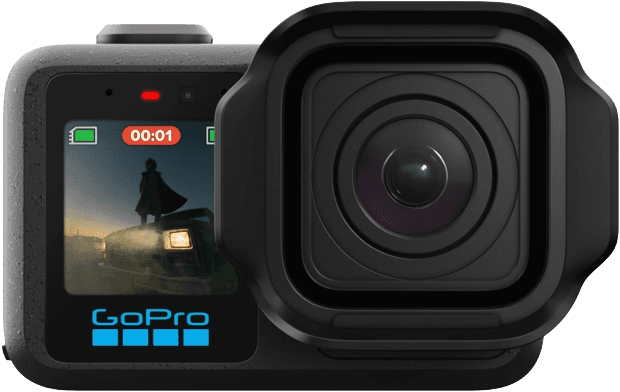 GoPro Mission 1 action camera in black, shown from the front with a front LCD preview screen.