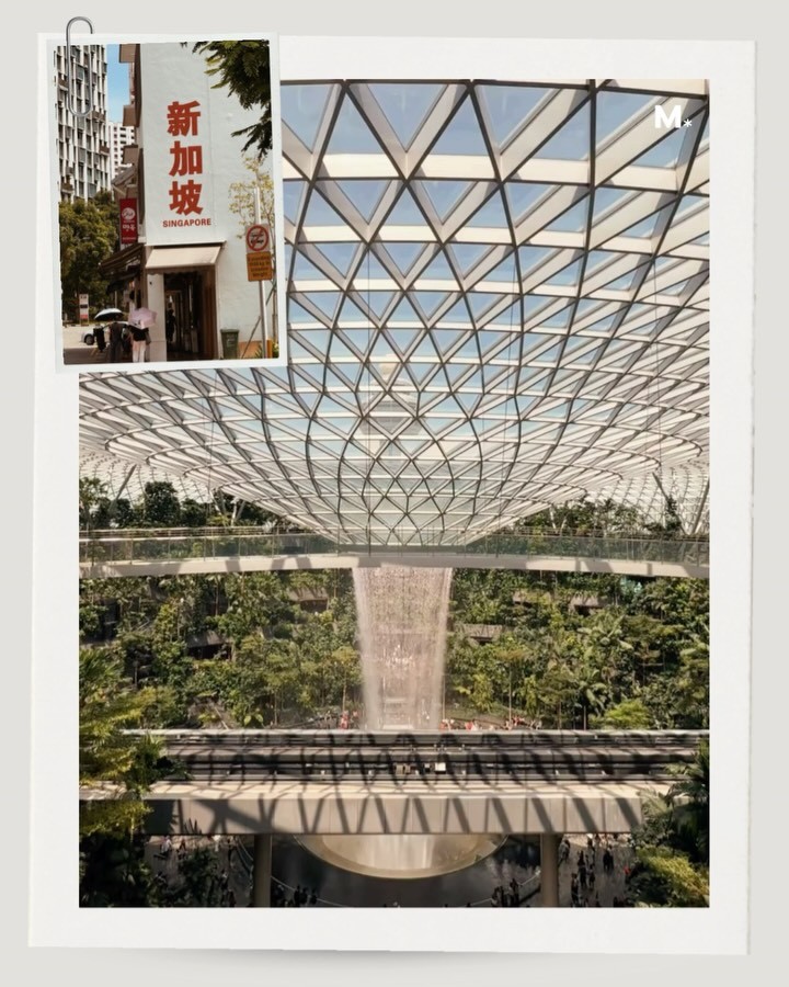 A stunning view of the Jewel Changi Airport's Rain Vortex, featuring a glass dome structure filled with greenery and a cascading waterfall.