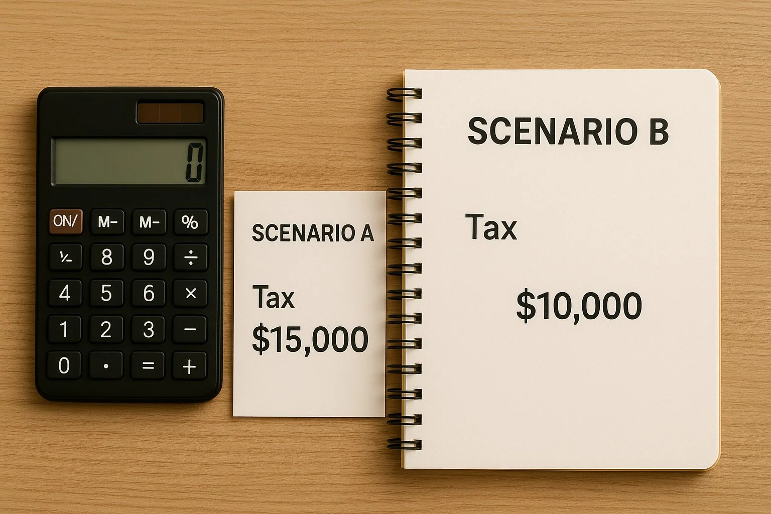 Desk with a calculator and two open notebooks labeled Scenario A and Scenario B, each showing different tax results.