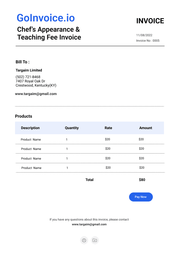 Chef’s Appearance & Teaching Fee Invoice