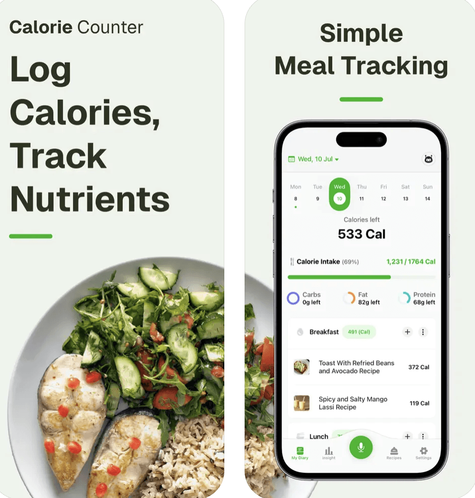 Screenshot of Caloric app showing food tracking and macro analysis interface