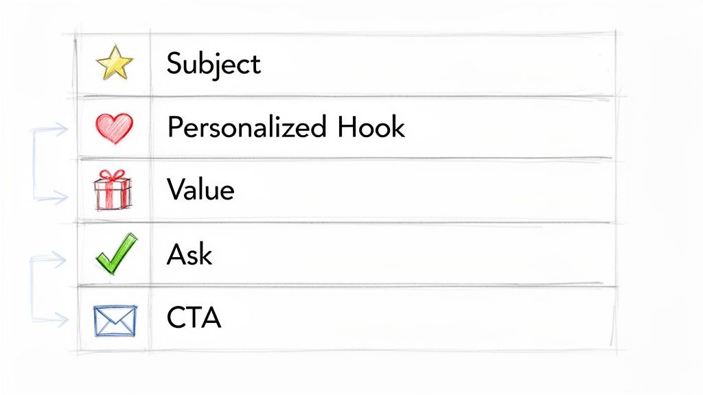 A visual checklist outlining the key components of an effective outreach email: Subject, Personalized Hook, Value, Ask, and CTA.