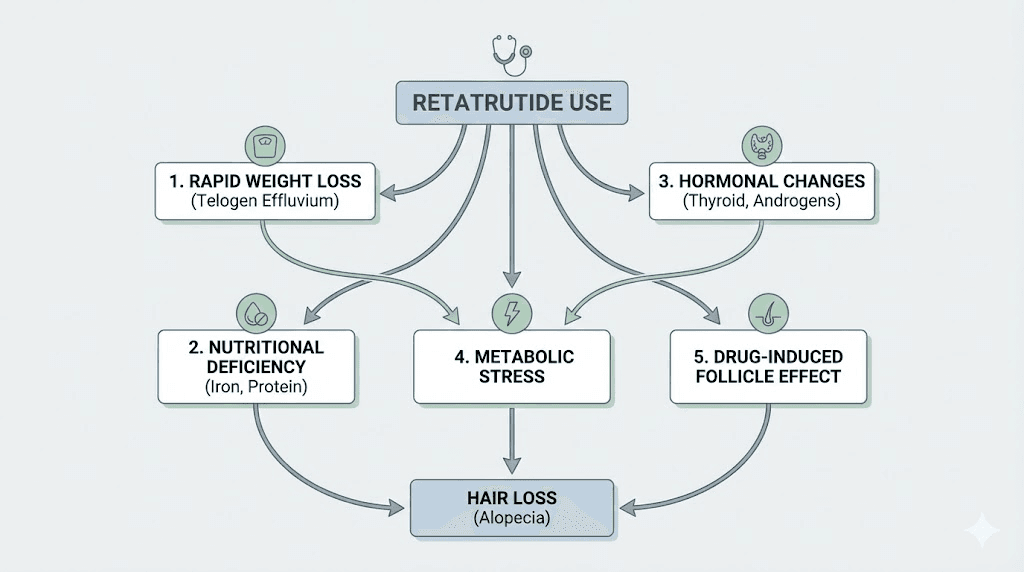 Five mechanisms linking retatrutide weight loss to hair shedding diagram