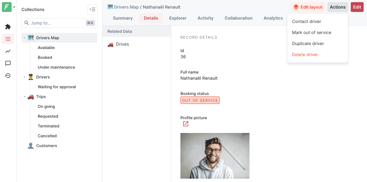 Forest Admin details view with its actions dropdown