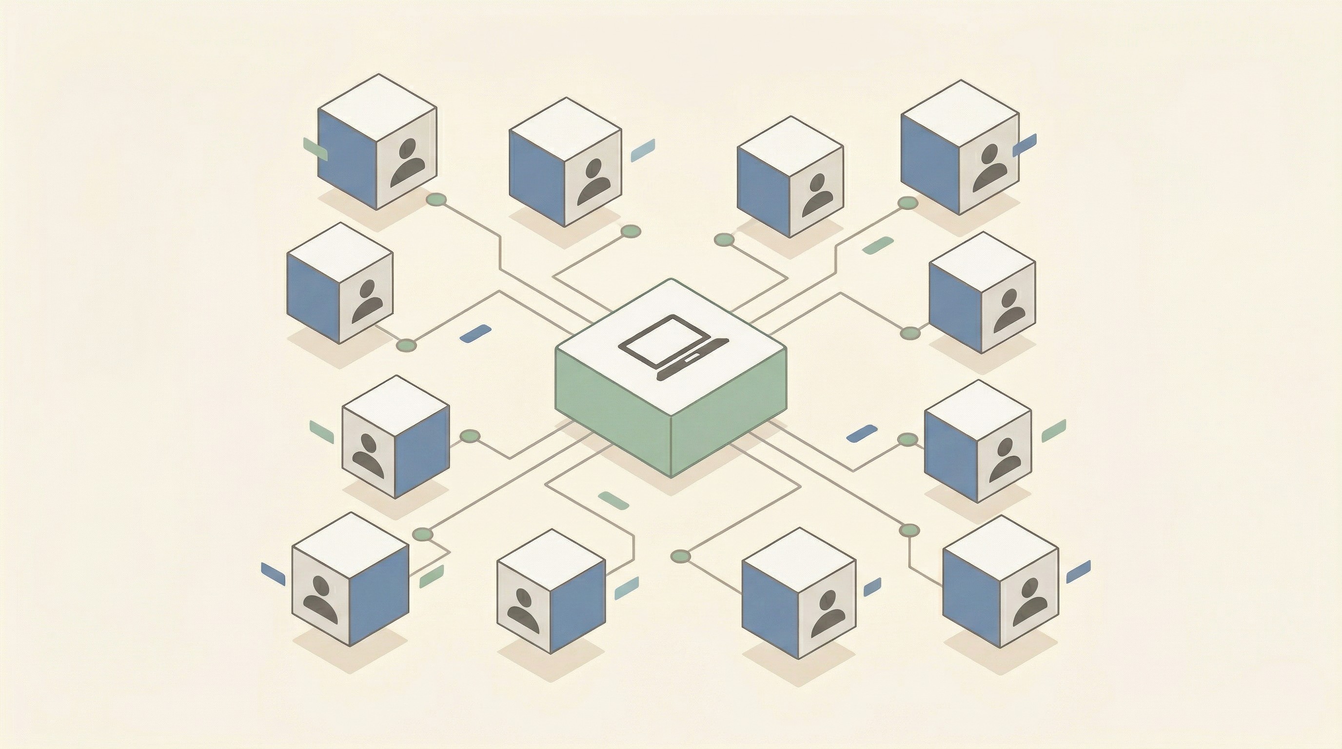 An isometric illustration showing a central platform node connected by branching lines to multiple sales team member nodes — representing how a single approved product experience is distributed consistently across an entire OEM sales team for standardised, repeatable demos.