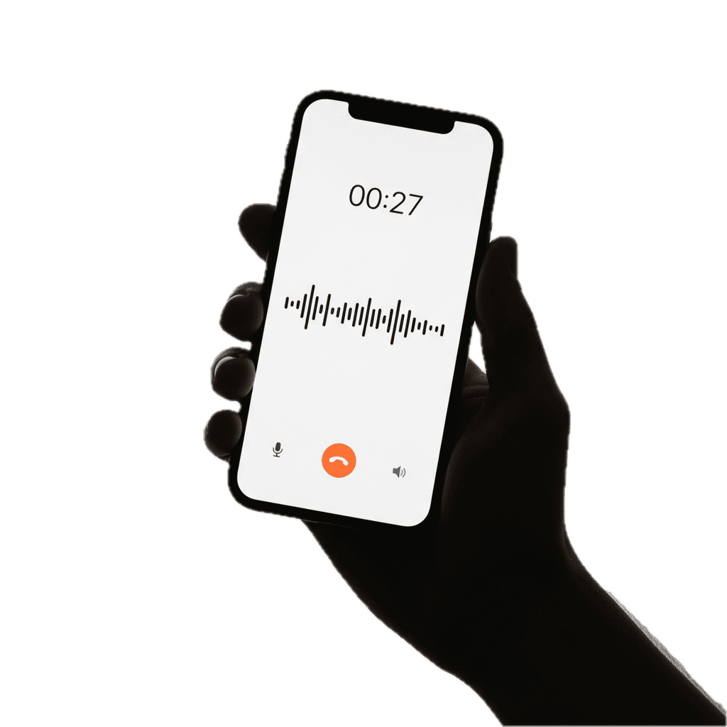 Hand holding a smartphone with a blank screen against a dark background.