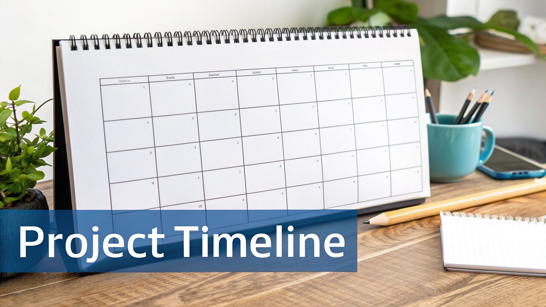 A desk calendar showing a project timeline on a wooden desk with office supplies.