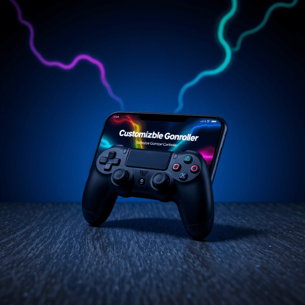 product photography of a mobile phone displaying a customizable gaming controller website