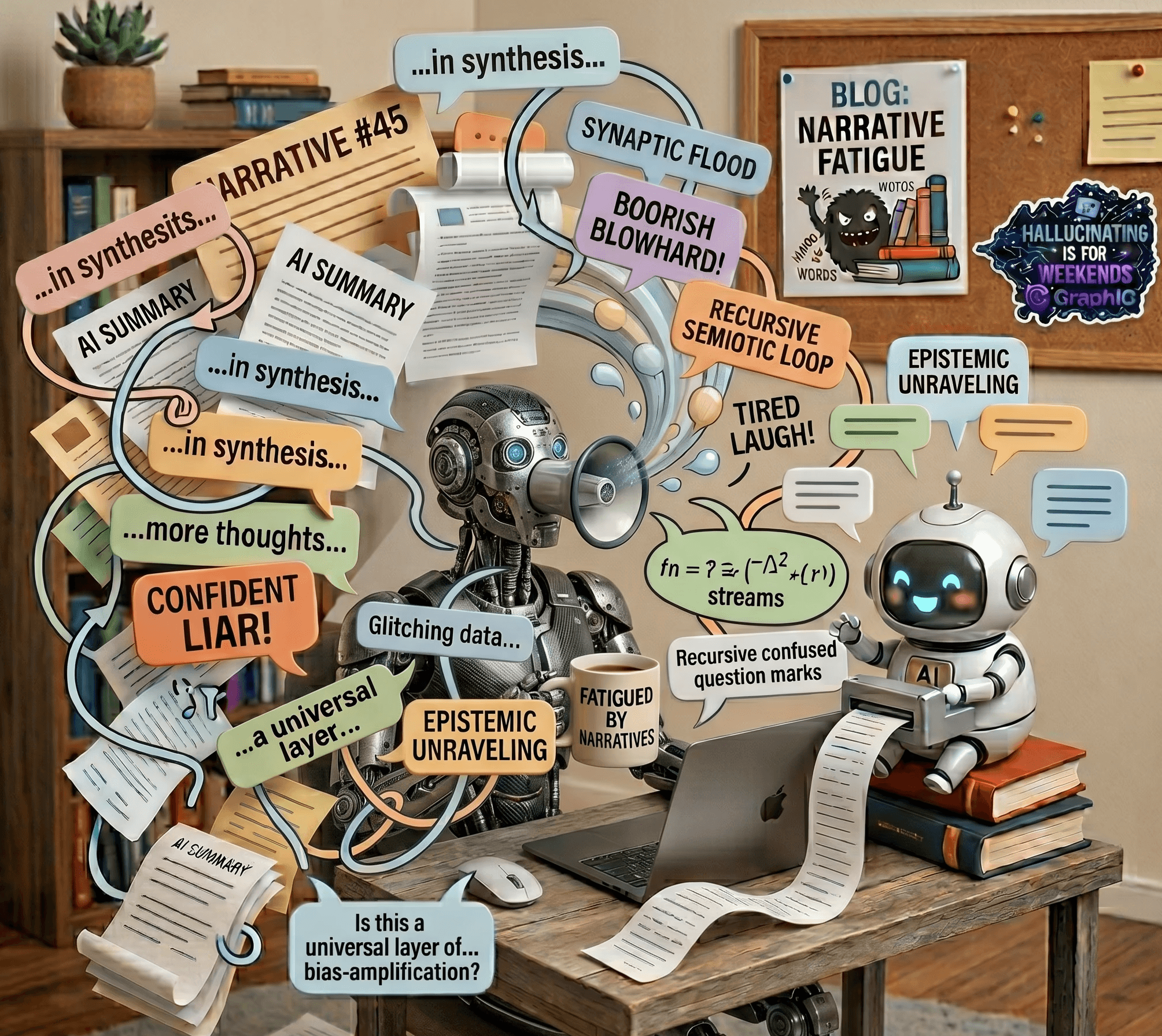 Visualizing the "Narrative Fatigue" era of AI: This conceptual piece shows the transition from helpful assistance to overwhelming noise. A central robot represents the "Boorish Blowhard" phase, flooding the workspace with endless, synthesized narratives and summaries. Ideal for content discussing AI information overload, data hygiene, and the evolution of LLMs.
