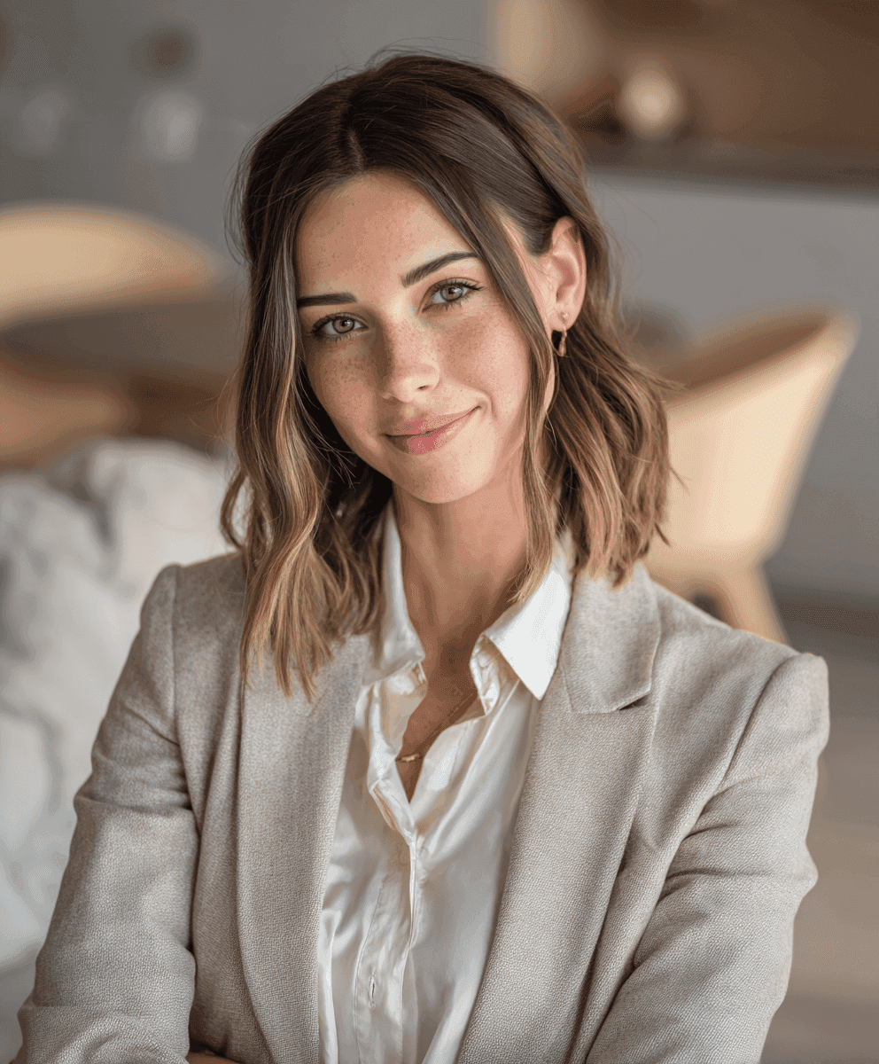 A woman with shoulder-length brown hair and freckles smiles softly. She wears a beige blazer over a white shirt in a warmly lit room, conveying professionalism and warmth.