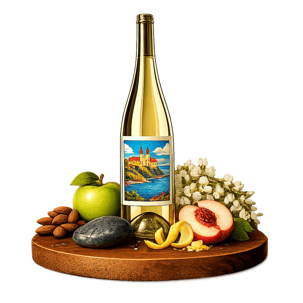 Artistic label and flavor profile for Hungarian Olaszrizling on a rustic wooden table.