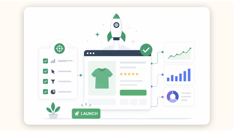 Illustration of product page launch with analytics tracking, checklist, and performance charts