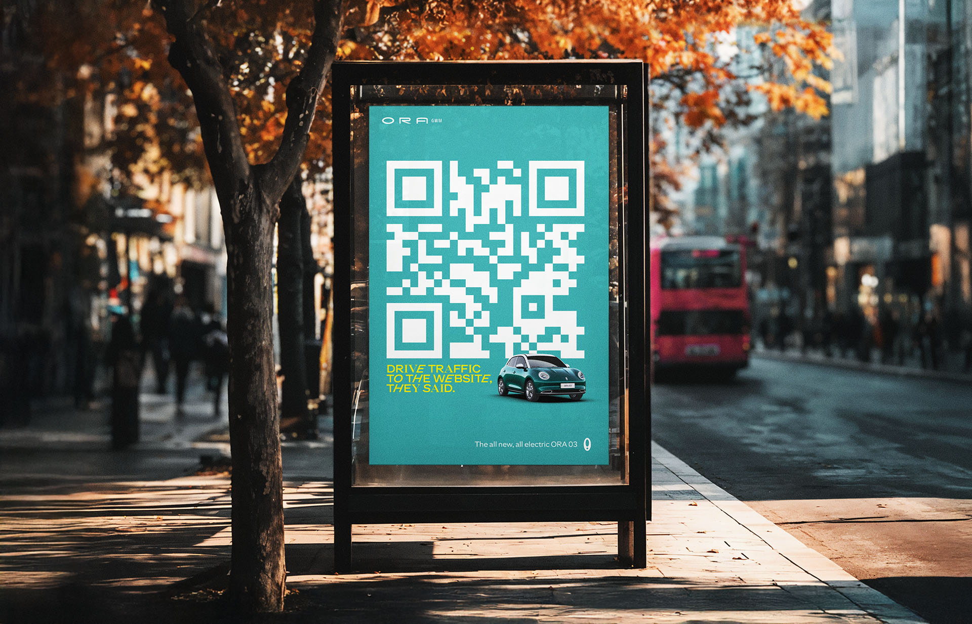 A bus stop ad with a giant QR code