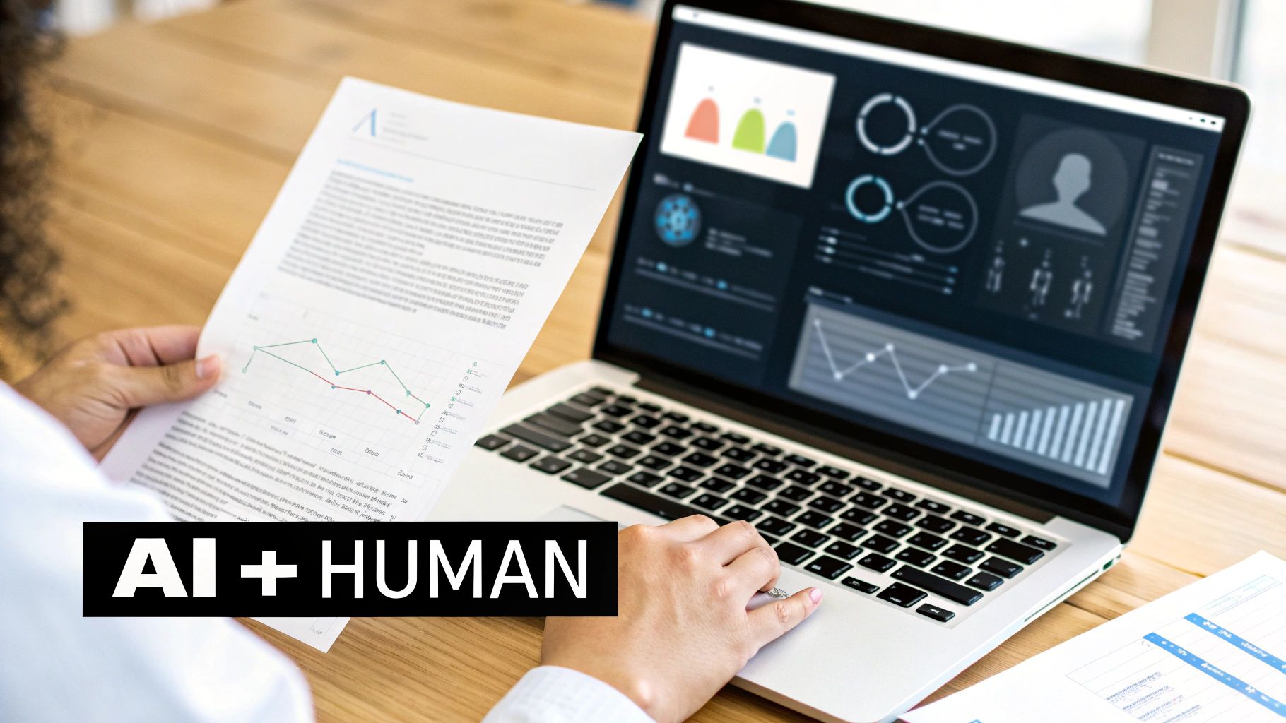 Human hands analyze a report with graphs next to a laptop displaying AI-powered data dashboards.