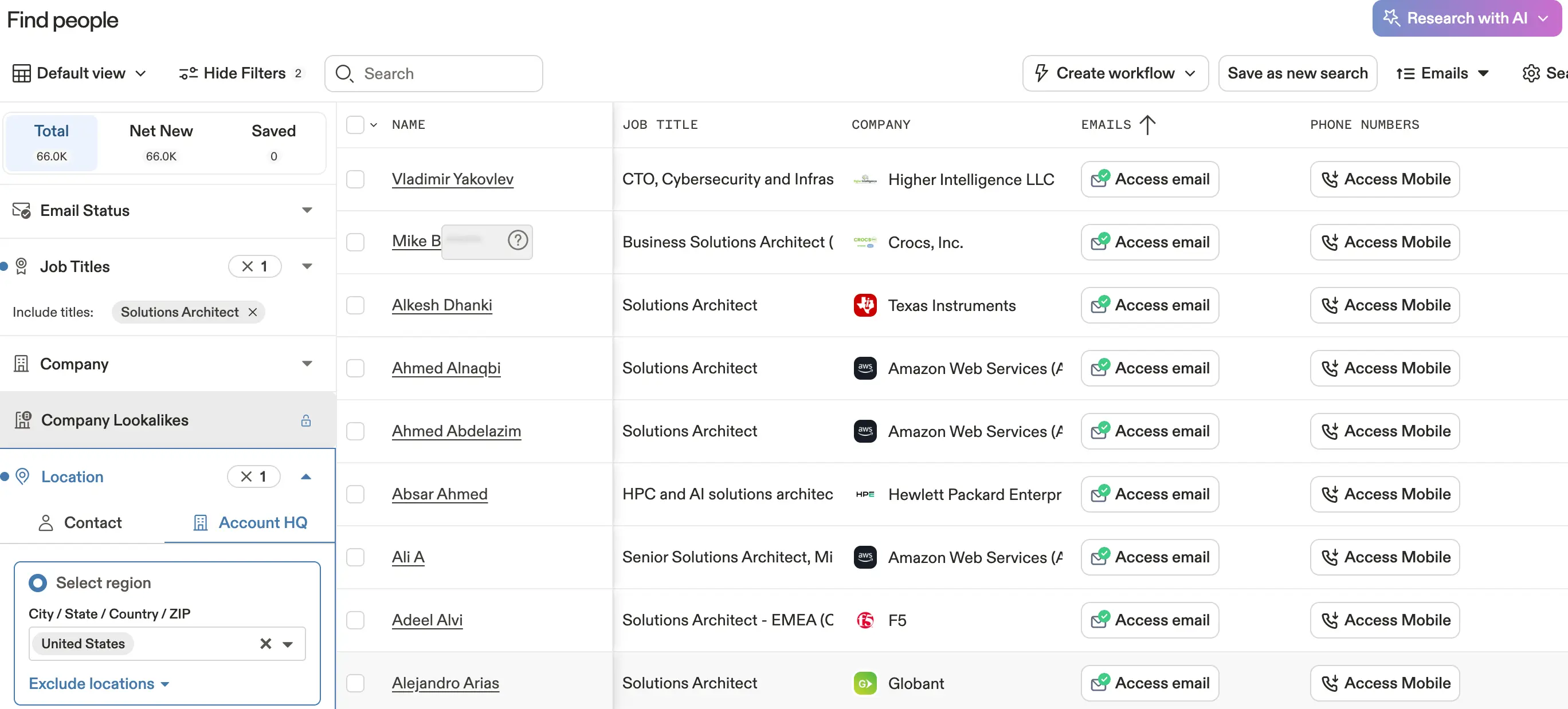 Apollo review contact search UI with firmographic, technographic, and intent filters across 275M+ B2B database.