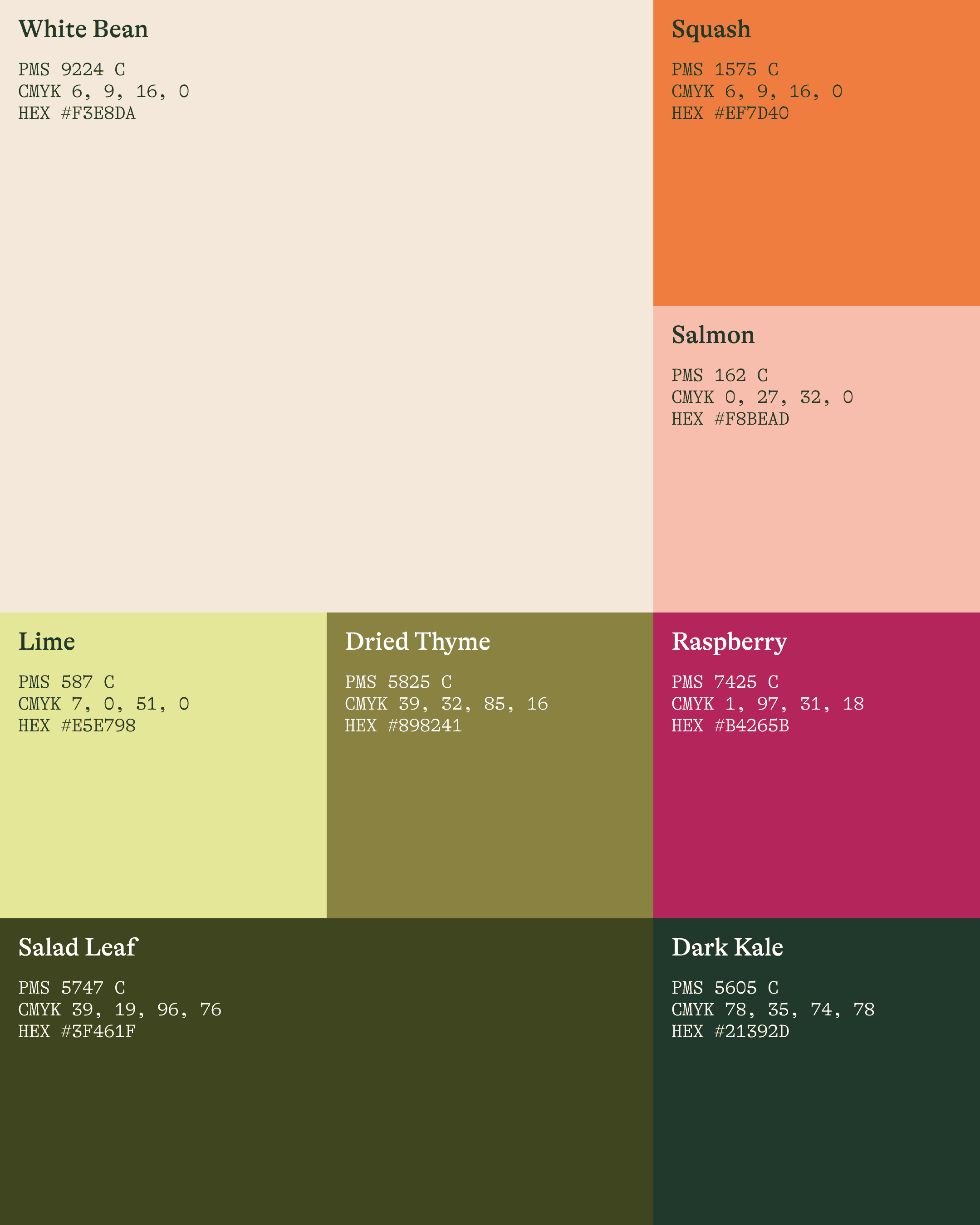 Nuuda brand colour palette with eight colours showing Pantone, CMYK, and hex values