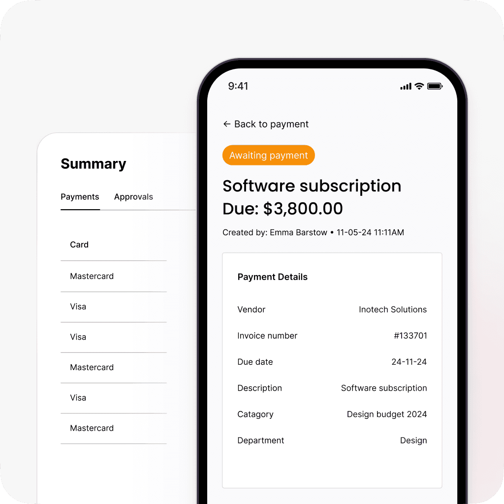 Mobile interface showing payment details for a software subscription, including vendor, invoice number, amount due, and department.