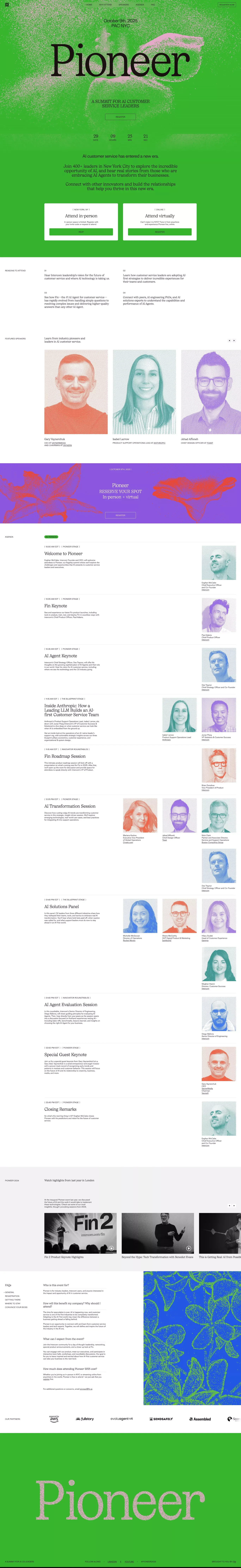 Pioneer by Fin landing page screenshot showcasing AI and Event design
