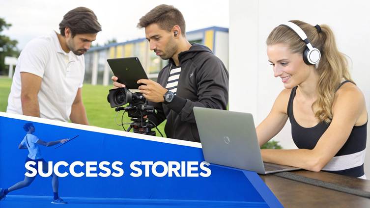 Diverse individuals engaging in filming, online learning, and sports, illustrating various success stories.