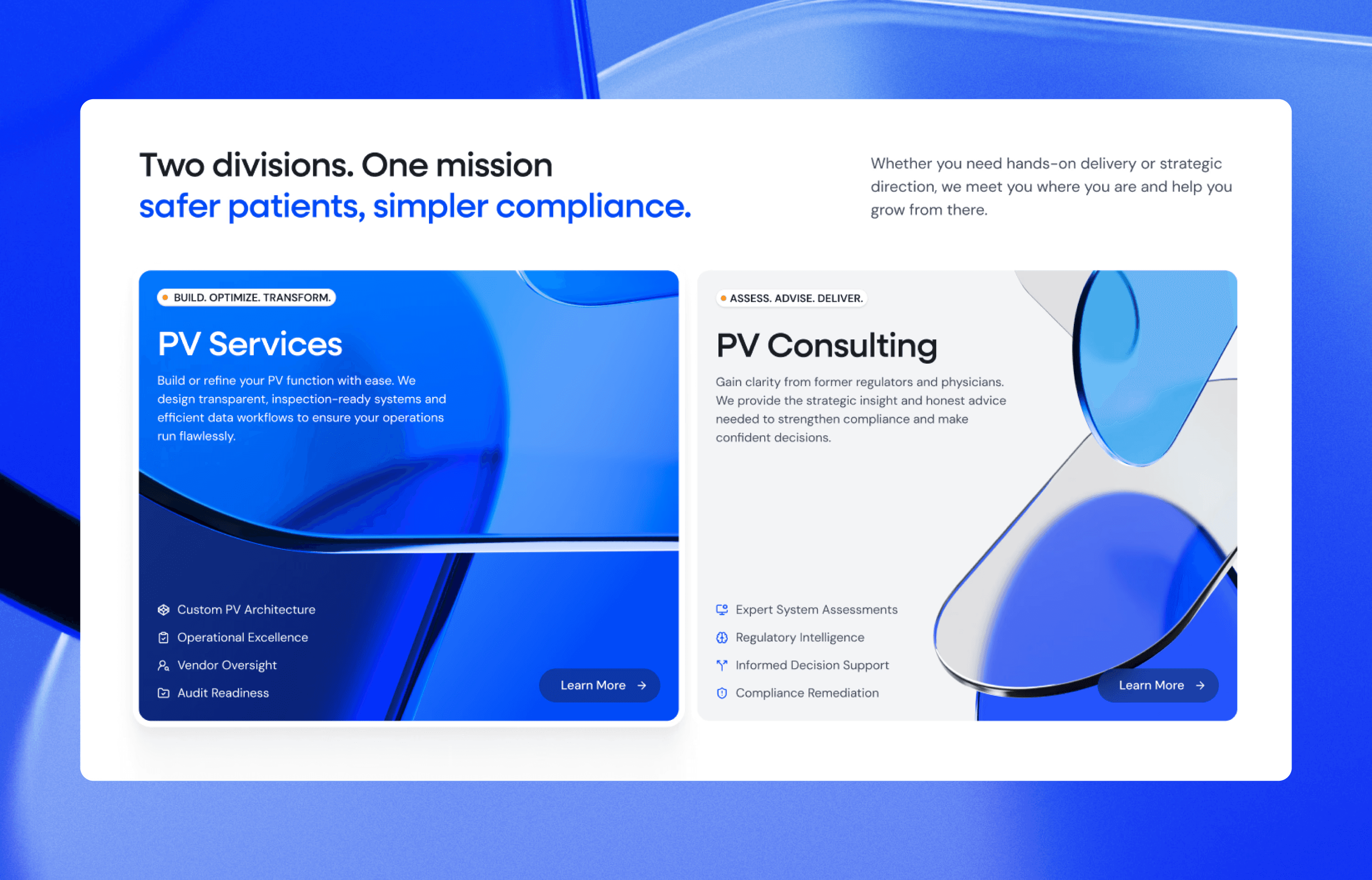 iVigee website design showing PV Services and PV Consulting divisions with 3D blue abstract visuals by WeGrow.