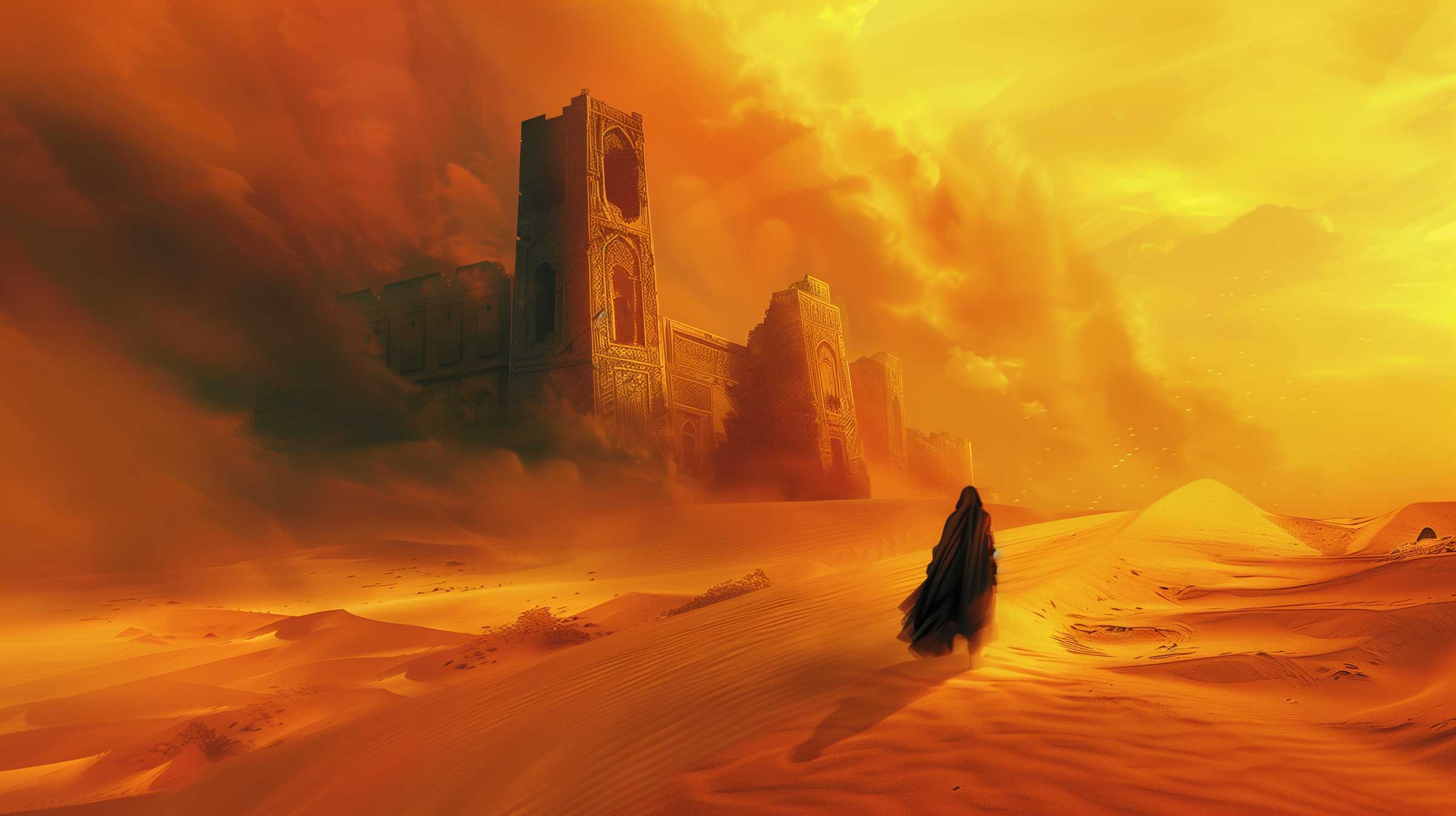 A lone figure walking through a golden desert toward ancient ruins, sand swirling in the wind